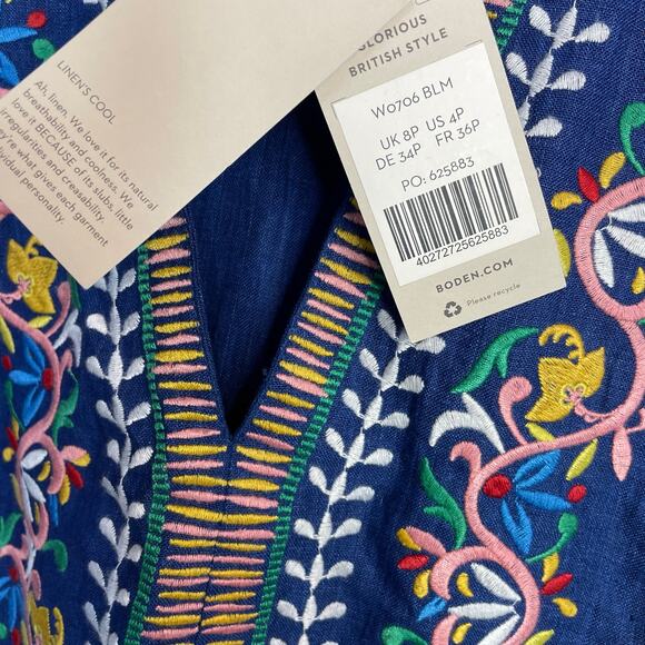 Boden Dakota Blue Linen Embroidered Long Sleeve Dress Artsy Boho Womens 4P 4 New - Picture 14 of 17